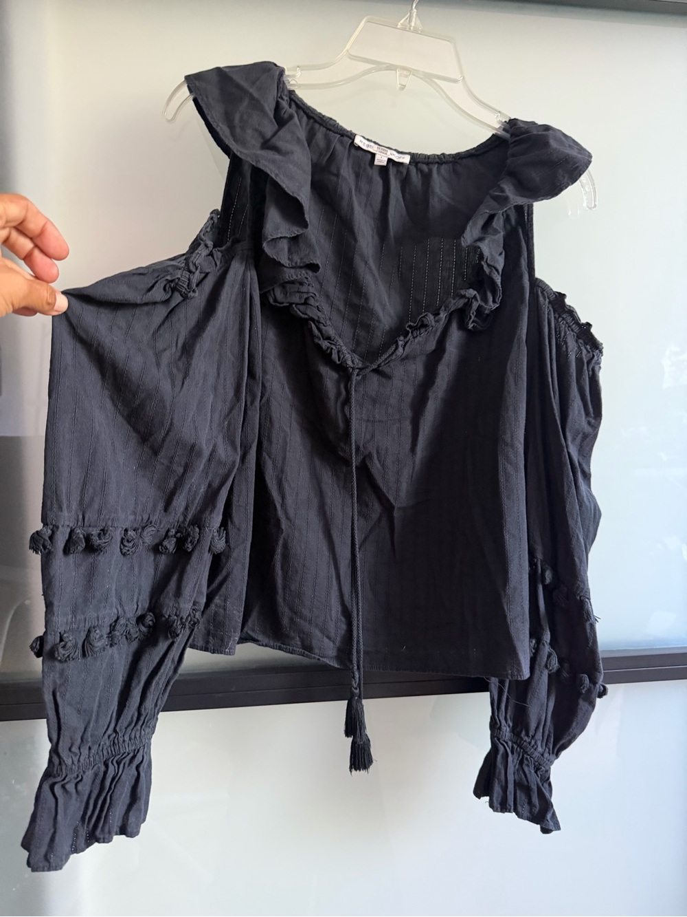 Rebecca Minkoff Black Cold Shoulder Ruffle Boho Blouse Size L - Picture 2 of 6